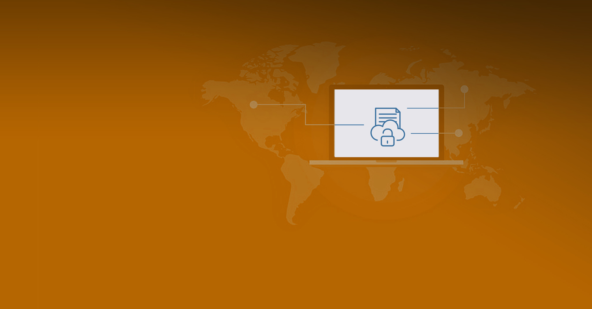 orange background with world map in background and desktop screen on top displaying lock, cloud and document icon