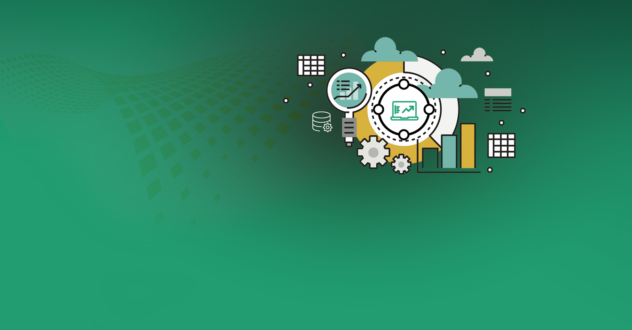green background with a gears, charts, clouds and database icons displayed