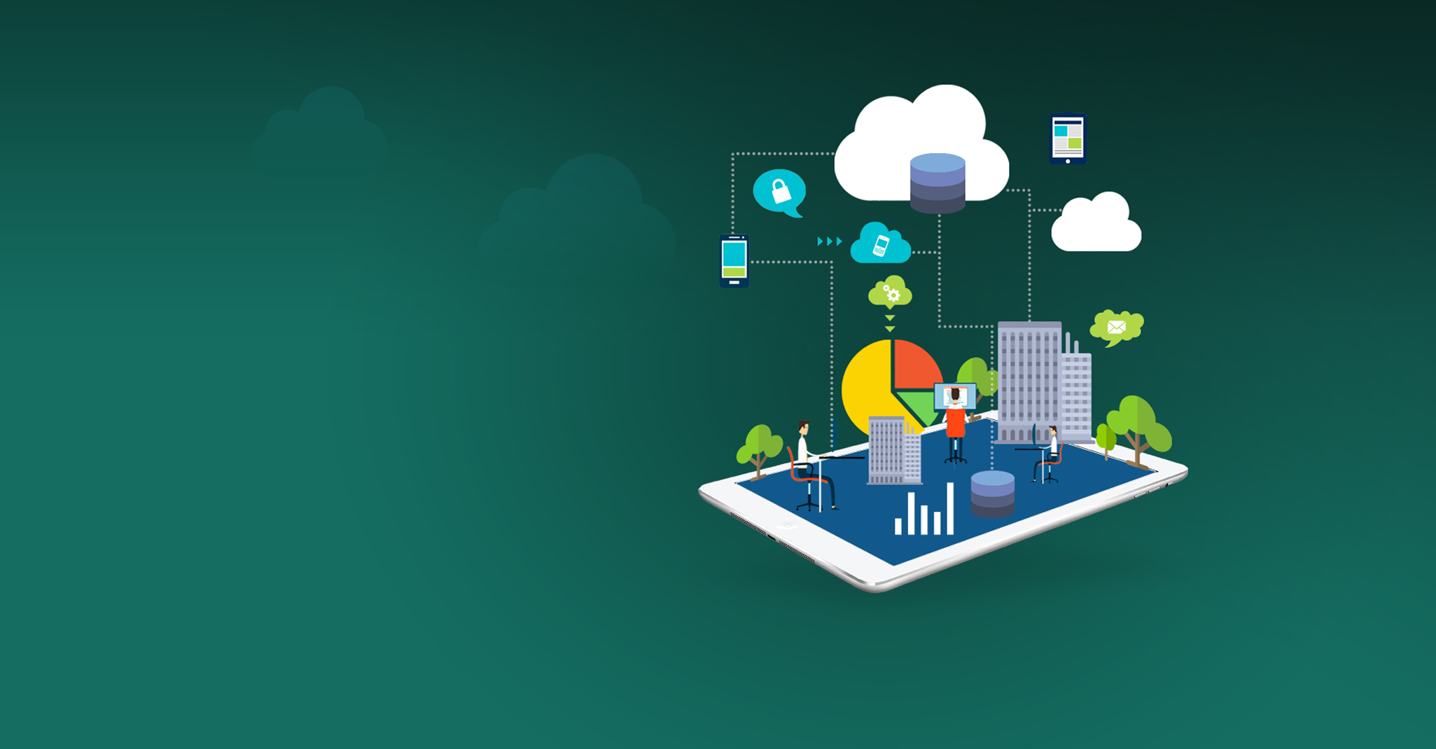 green background with trees, buildings, charts and people on top of a tablet connected to clouds and devices in the sky